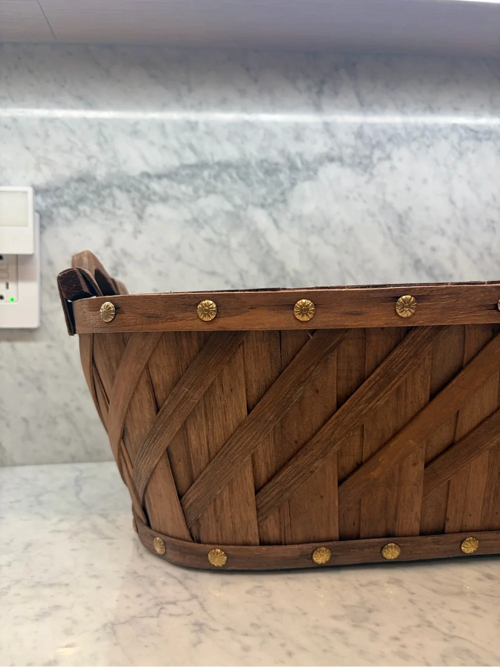 Large Rustic Woven Wood Basket Brass Studs Handles 23” Farmhouse Decor